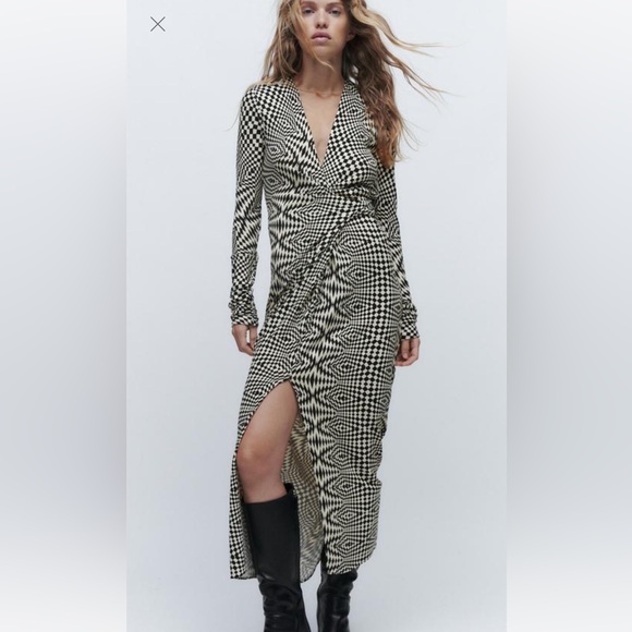 Zara Draped Black White Geometrical Checkered Retro Midi Long Sleeve Dress Small - Picture 2 of 13